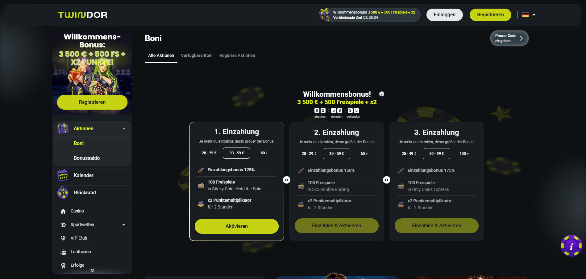 Twindor Casino Bonus über drei Einzahlungen